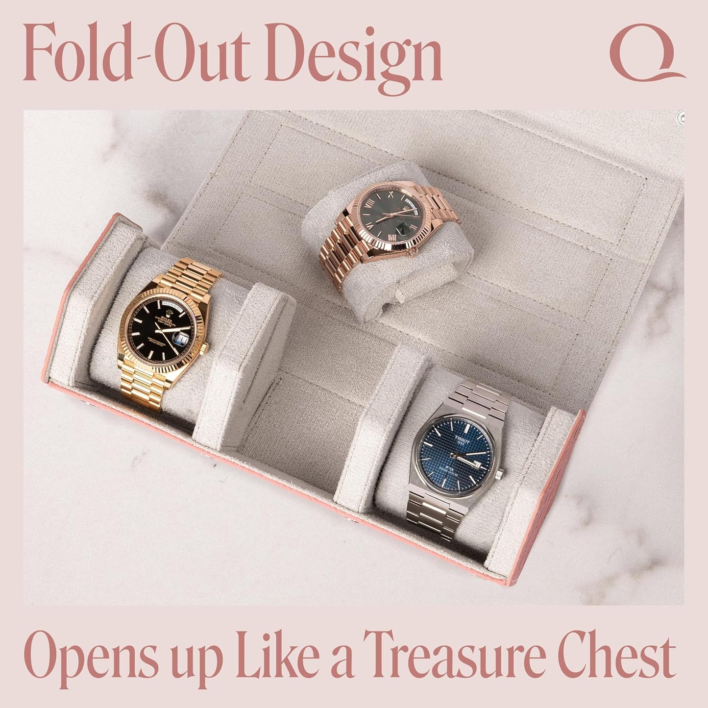 Ladies Leather Watch Rolls for Women - Hexagon Triple Watch Roll Travel Case for 3 Watches - Storage Organizer Genuine Leather with Velvet Interior Display (Woven Pink/Gray)