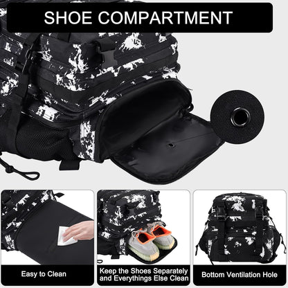 LHI Military Tactical Backpack for Men and Women 45L Army 3 Days Assault Pack Bag Large Rucksack with Shoe Compartment - Black Lightning