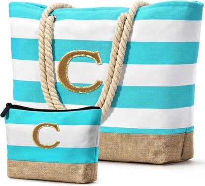 Becokan Beach Bag Initial Beach Tote with Makeup Bag for Travel Work Storage Personalized Birthday Gifts for Women Her