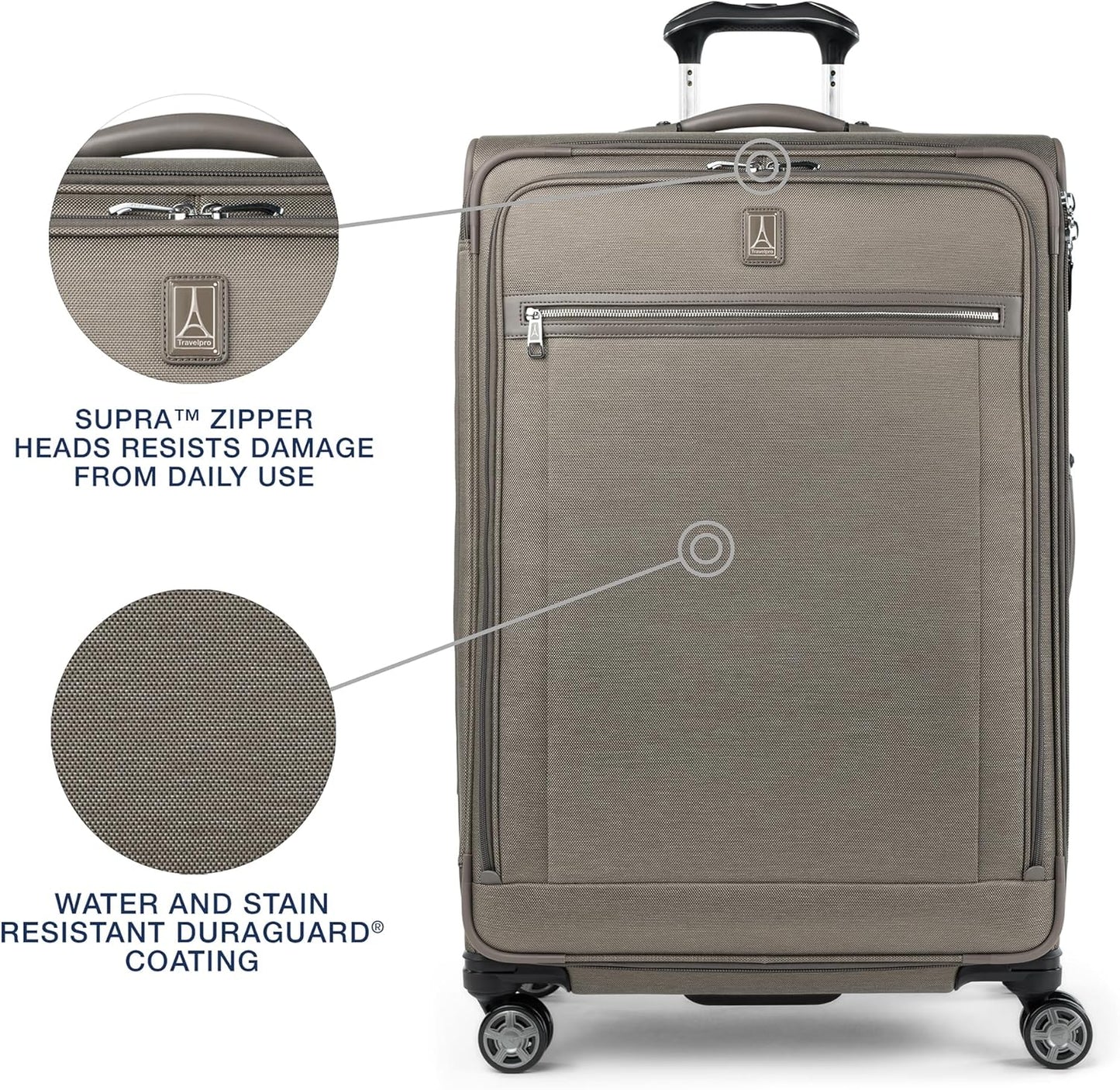 Travelpro Platinum Elite Softside Expandable Checked Luggage, 8 Wheel Spinner Large Suitcase, TSA Lock, Men and Women, Metallic Sand, Checked Large 29-Inch