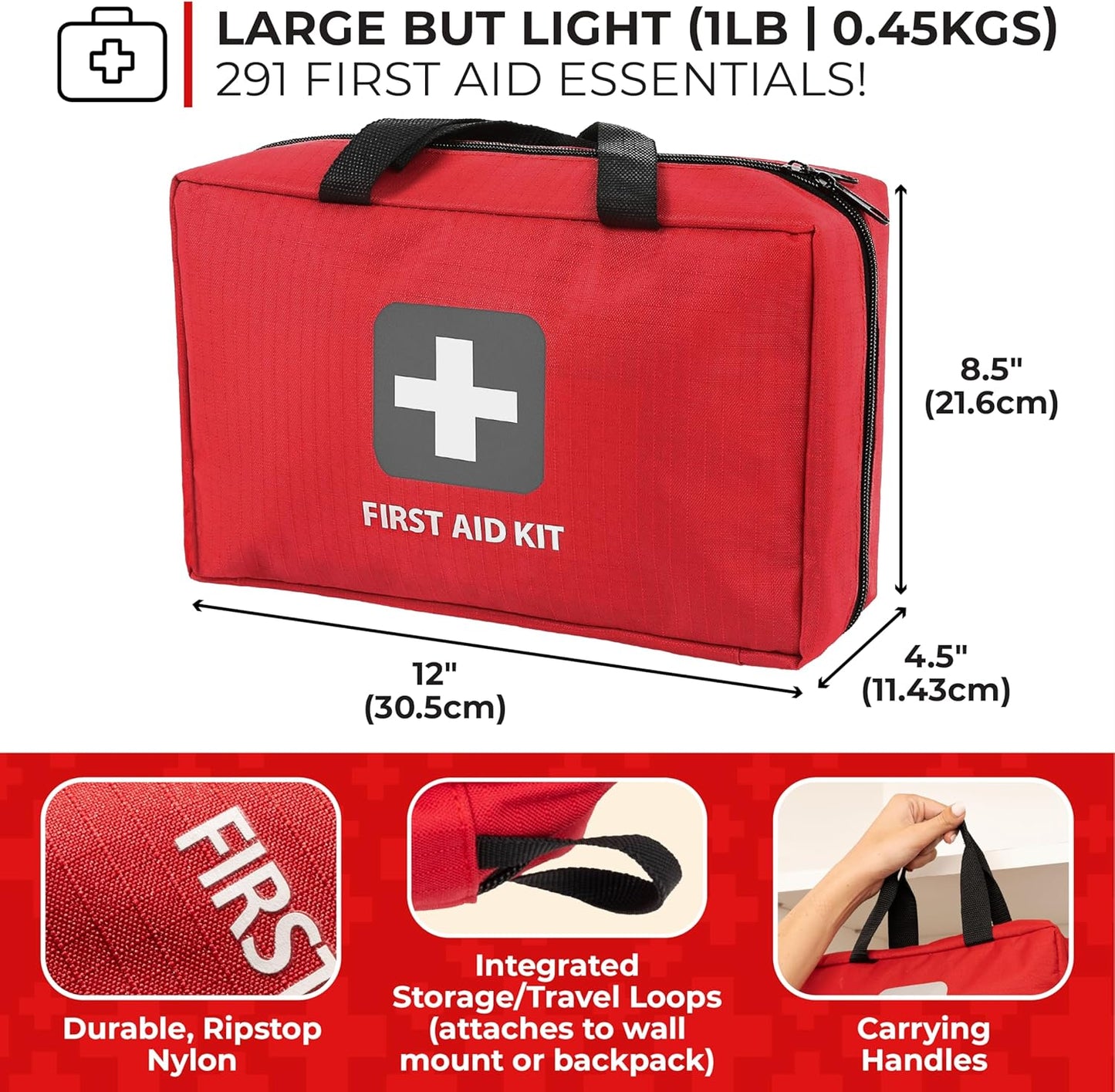 Thrive Home Essentials First Aid Kit (291 Pieces) - First Aid Bag with Multi-Sized Bandage, Gauze, Wipes, Scissors, Gloves, Tape, Ice Pack and More