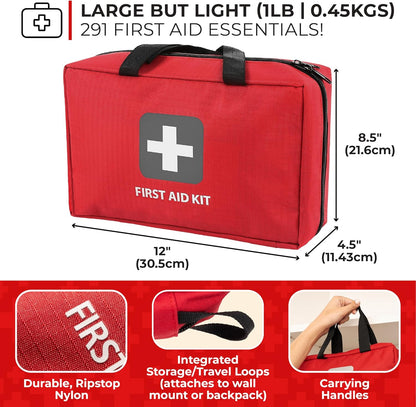 Thrive Home Essentials First Aid Kit (291 Pieces) - First Aid Bag with Multi-Sized Bandage, Gauze, Wipes, Scissors, Gloves, Tape, Ice Pack and More
