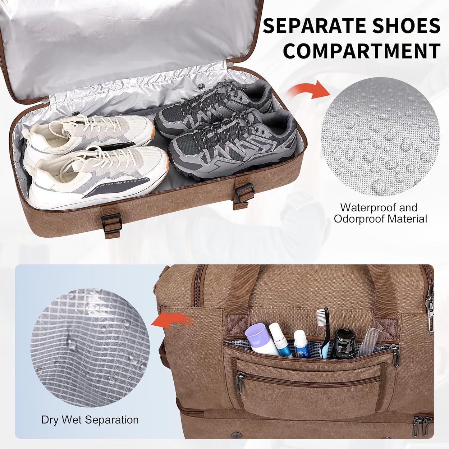 WITZMAN Duffle Bag for Men 50L Canvas Weekender Overnight Bag with Toiletry Bag Sets Travel Duffel Bag Shoes Compartment（A8010-2 Brown）