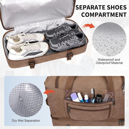 WITZMAN Duffle Bag for Men 50L Canvas Weekender Overnight Bag with Toiletry Bag Sets Travel Duffel Bag Shoes Compartment（A8010-2 Brown）