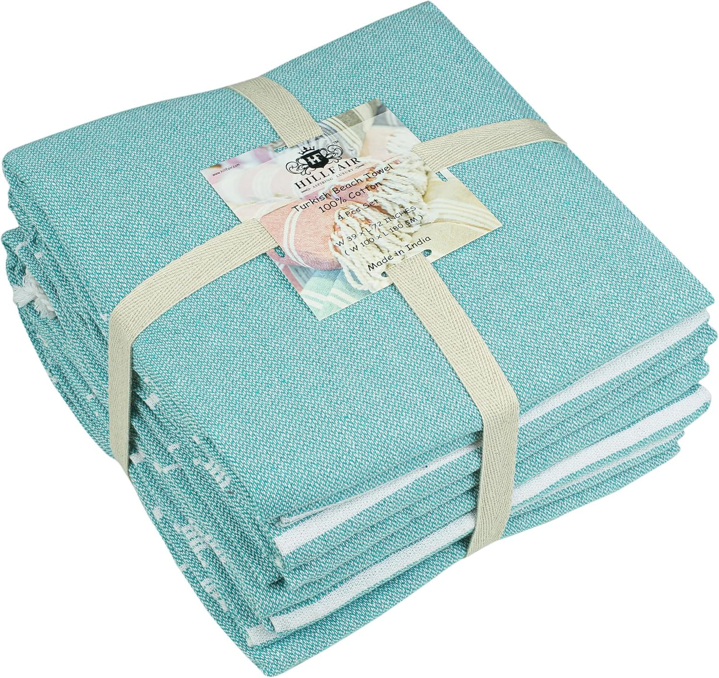 HILLFAIR Cotton Turkish Beach Towels, Quick Dry Lightweight Sand Free Peshtemal Towel for Bath Swim Yoga Spa Travel, Beach Accessories, Oversized Cotton Turkish Towels (39 x 72 inch- 4 Pack Aqua)