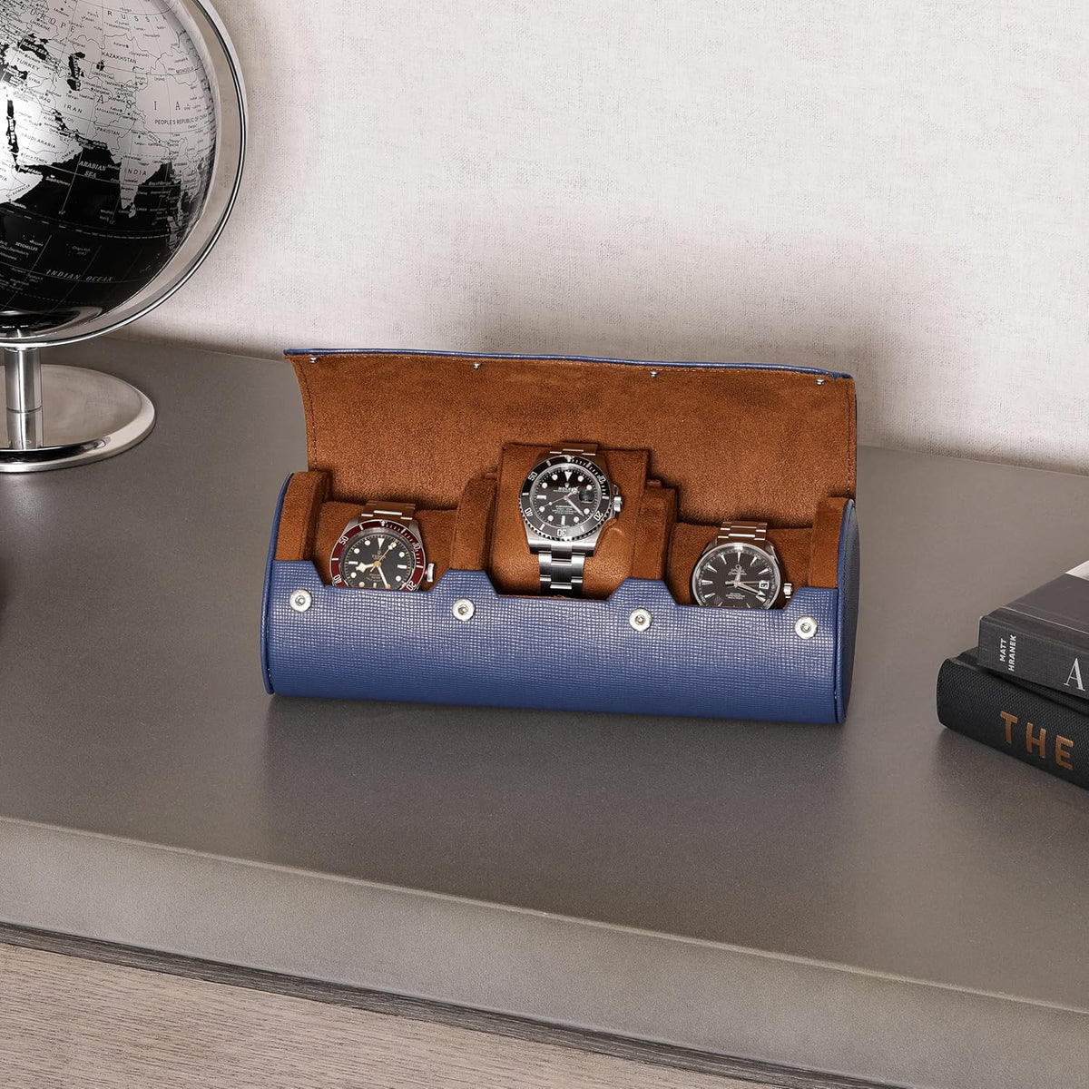 ROTHWELL Watch Roll Travel Case for 3 Watches | Tough Portable Protection, Fits All Wrist Watch & Smart Watches Up to 50mm (Blue/Tan)