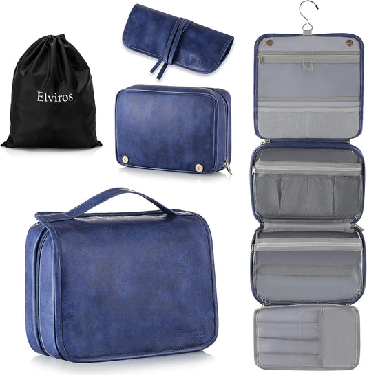 Elviros Hanging Toiletry Bag for Men Travel Essentials 3-in-1 Large Waterproof Dopp Kit PU Leather Shaving Bag with Separate Compartments for Grooming and Toiletries