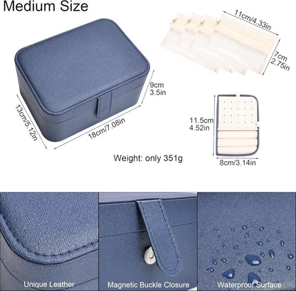 2 Layer Portable Jewelry Box, Large Jewelry Travel Case with 4 Velvet Jewelry Pouches, Medium Size Jewelry Organizer Box for Earrings, Necklaces, Bracelets (dark blue)