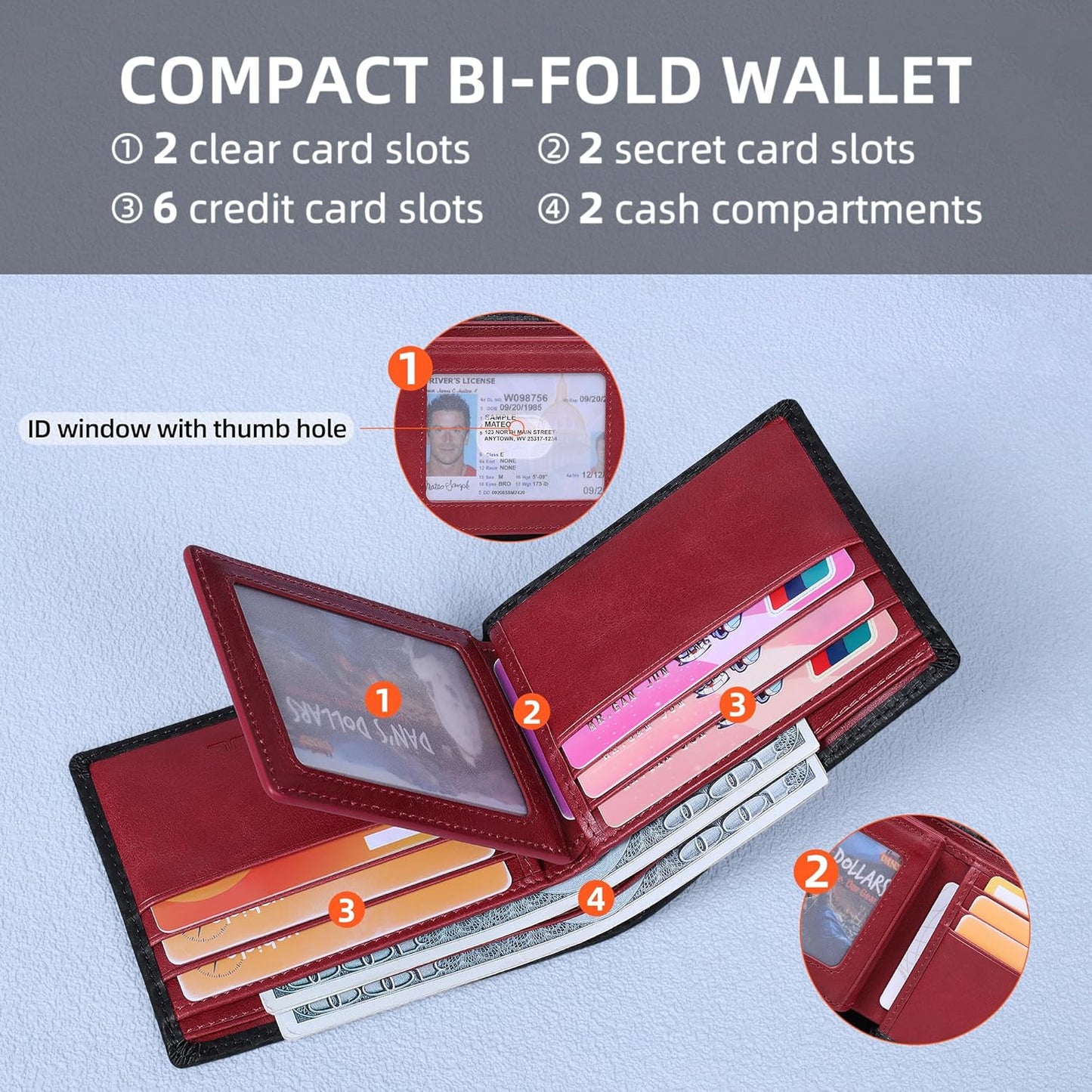 VISOUL Wallet for Men with 2 ID Windows 8 Credit Card Slots 2 Cash Compartments, Carbon Fiber Leather Bifold Mens Wallet with RFID Blocking (Carbon Fiber Black+Burgundy)