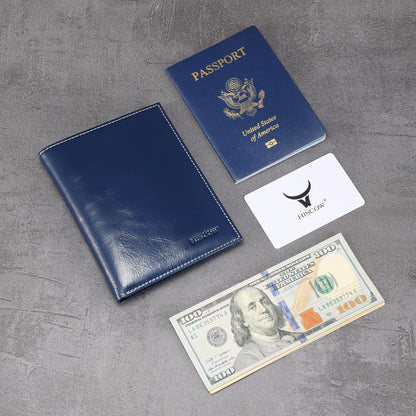 HISCOW Italian Leather Passport Holder for Travel - RFID Blocking Wallet Cover with Secure Organizer for Men & Women, US & Foreign Trips, Antiqued Blue