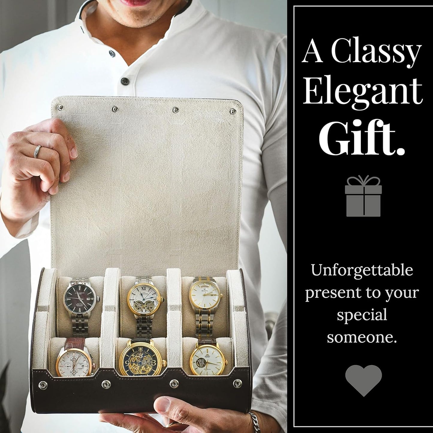 6 Watch Case Bbox for Travel Watch Roll for Men Watch display organizer - Espresso Brown & Ivory White Interior