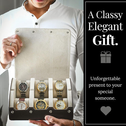 6 Watch Case Bbox for Travel Watch Roll for Men Watch display organizer - Espresso Brown & Ivory White Interior