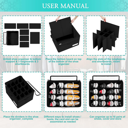 Luvhomee Shoe Storage Organizer, Fits 16 Pairs, Large Shoe Organizer Box for Closet, Clear Foldable Shoes Containers w/Bottom Support, Space Saving Shoe Cubby Storage Boxes w/Reinforced Handles, Black