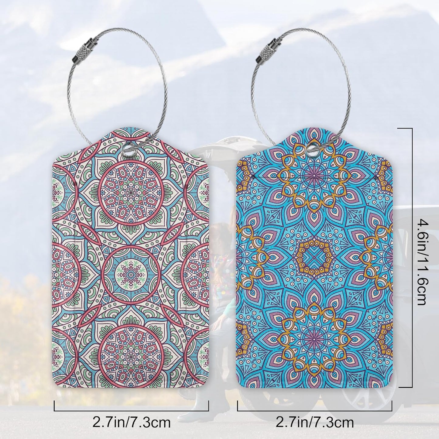 Set of 2 Boho Ethnic Floral Luggage Tags for Suitcases, Leather Suitcase Tag Name Identifiers Labels for Travel Bag Baggage Backpack