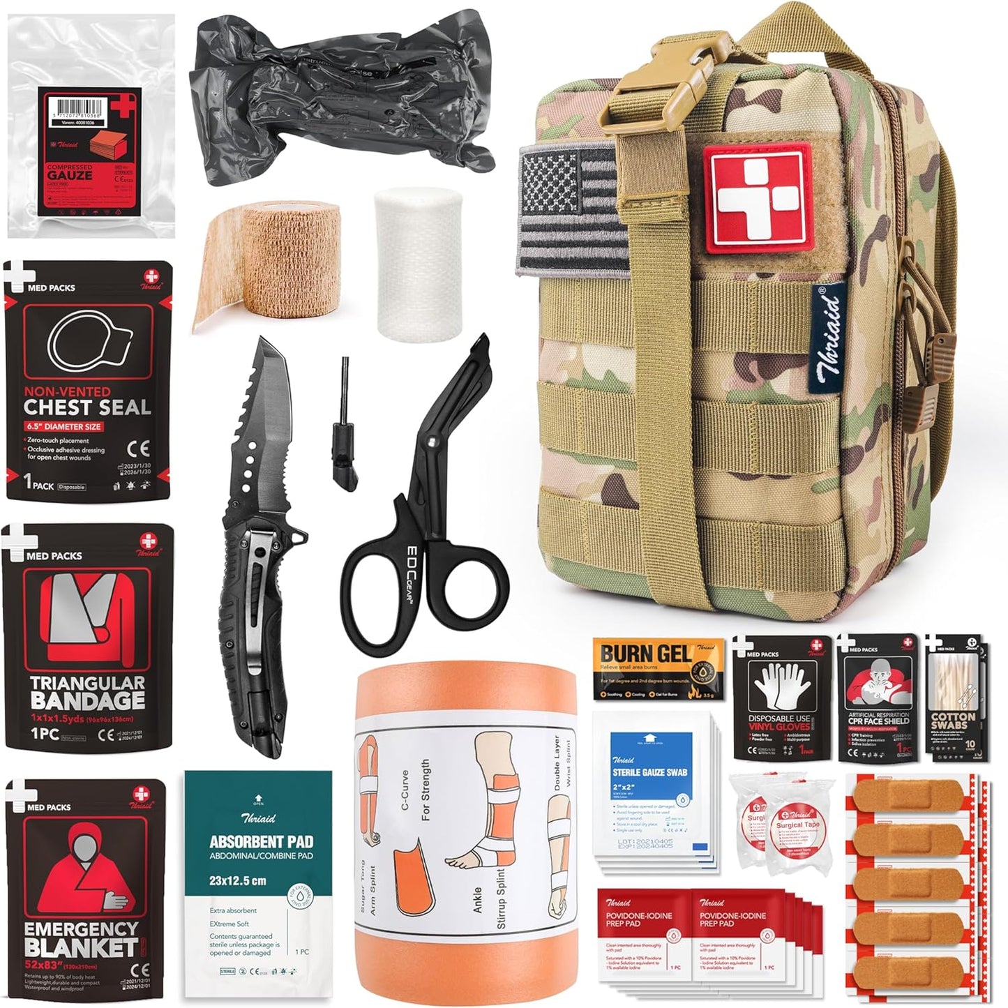 Survival First Aid Kit with Israeli Bandage, Splint, Chest Seal, Tactical Military Combat Molle IFAK for Wound Care, Bleeding Control, Trauma Hemorrhage and More