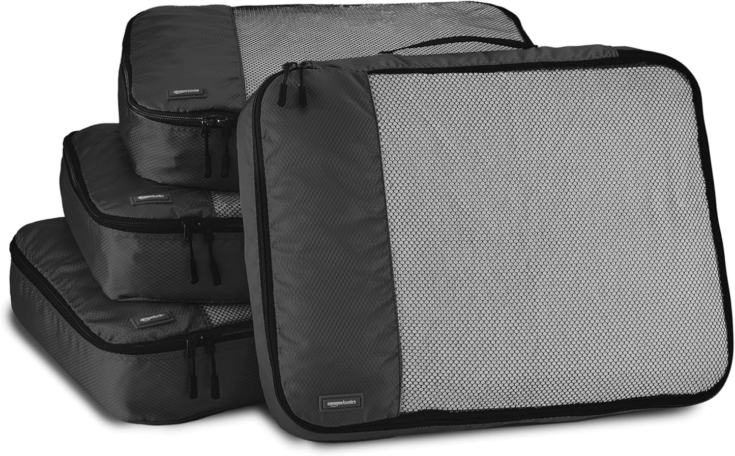 Amazon Basics Large Packing Cubes for Travel, Packing Organizers, 4-Piece-Set With Double Zipper Pulls and Mesh Top Panel, 100% Durable Polyester, Black, 17.5"L x 12.8"W x 3.3"H