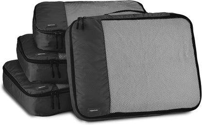 Amazon Basics Large Packing Cubes for Travel, Packing Organizers, 4-Piece-Set With Double Zipper Pulls and Mesh Top Panel, 100% Durable Polyester, Black, 17.5"L x 12.8"W x 3.3"H
