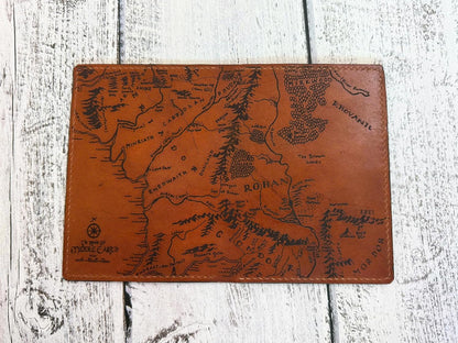 Handmade Leather Passport Wallet with Ancient Map Design, 4 Pockets, Genuine Brown Leather - 1LE