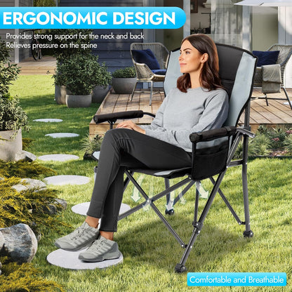 Oversized Folding Camping Chair for Adults, Supports 450 LBS Camping Chairs, Heavy Duty Camping Chair with Side Pockets, Foldable Outdoor Chair for Camping, Beach, Fishing, Hiking, Black-Gray