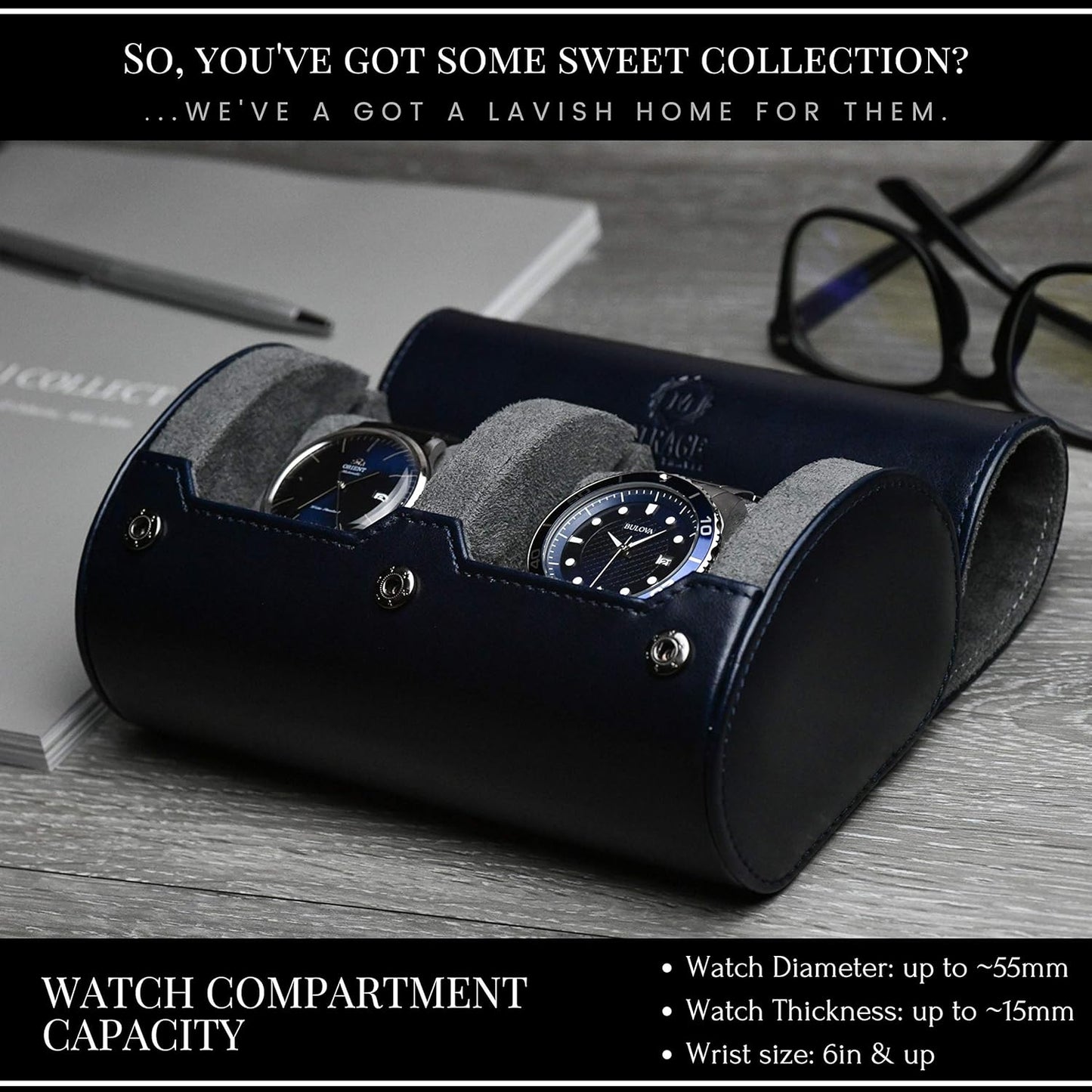 2 Watch Travel Case for Men – Watch Roll - Midnight Blue Vegan Leather