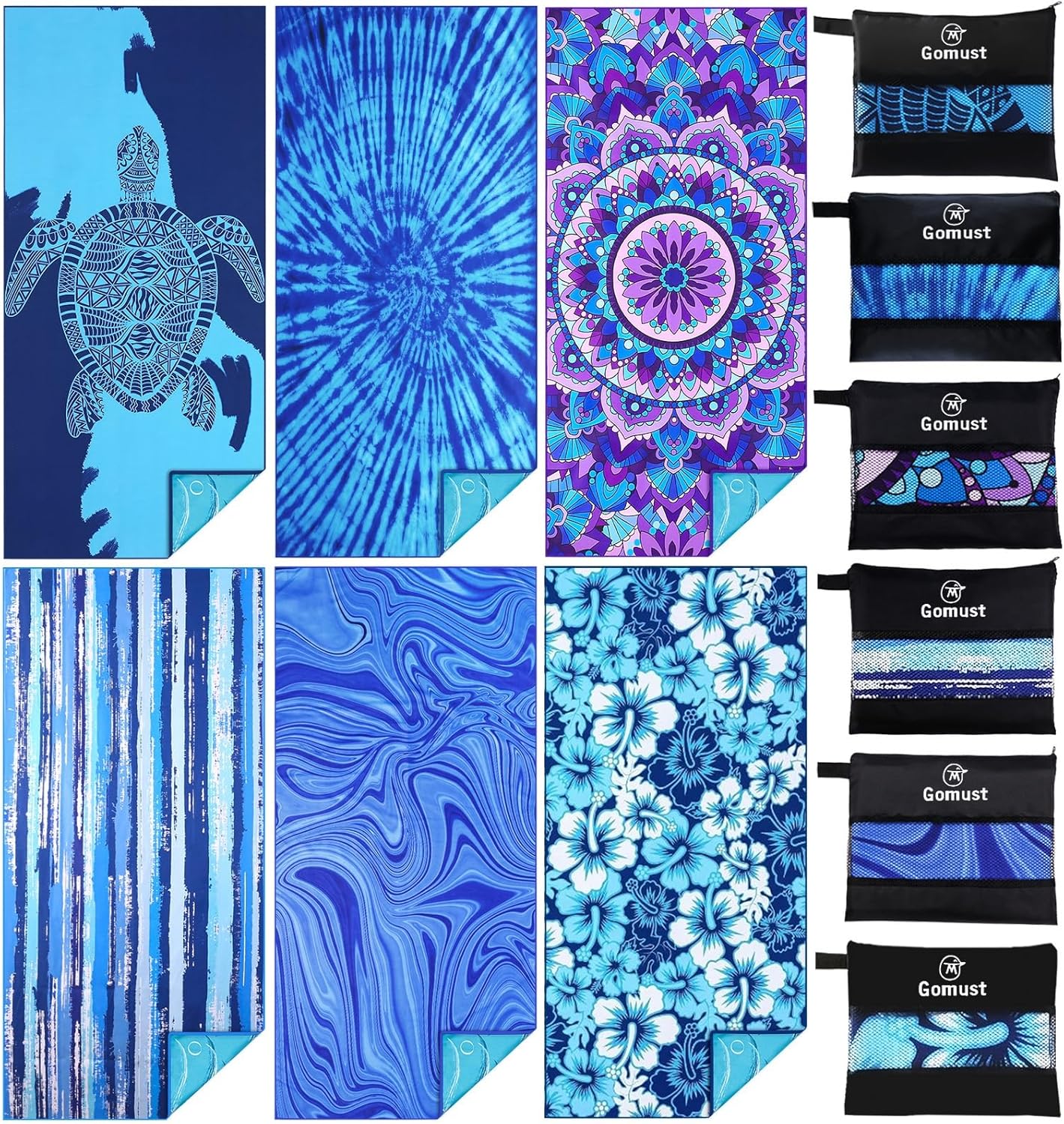 6 Pack Lightweight Thin Beach Towel Oversized 71"x32" Big Extra Large Microfiber Sand Free Towels for Adult Quick Dry Travel Camping Beach Accessories Gift Sea Turtle Mandala Tie Dye Stripe Laguna