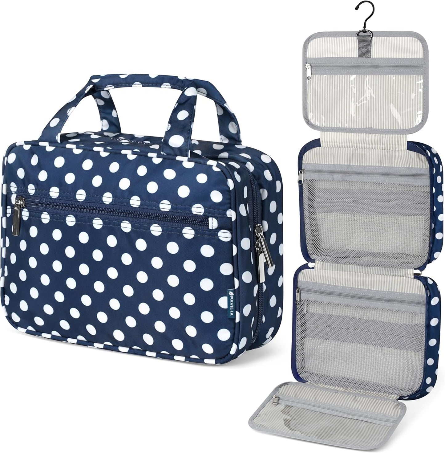 PAVILIA Hanging Toiletry Bag Travel Bag Women Men, Foldable Cosmetic Organizer, Roll up Makeup Bag, Water Resistant Accessories Toiletries, Large Travel Essentials Kit (Navy Polka Dot)