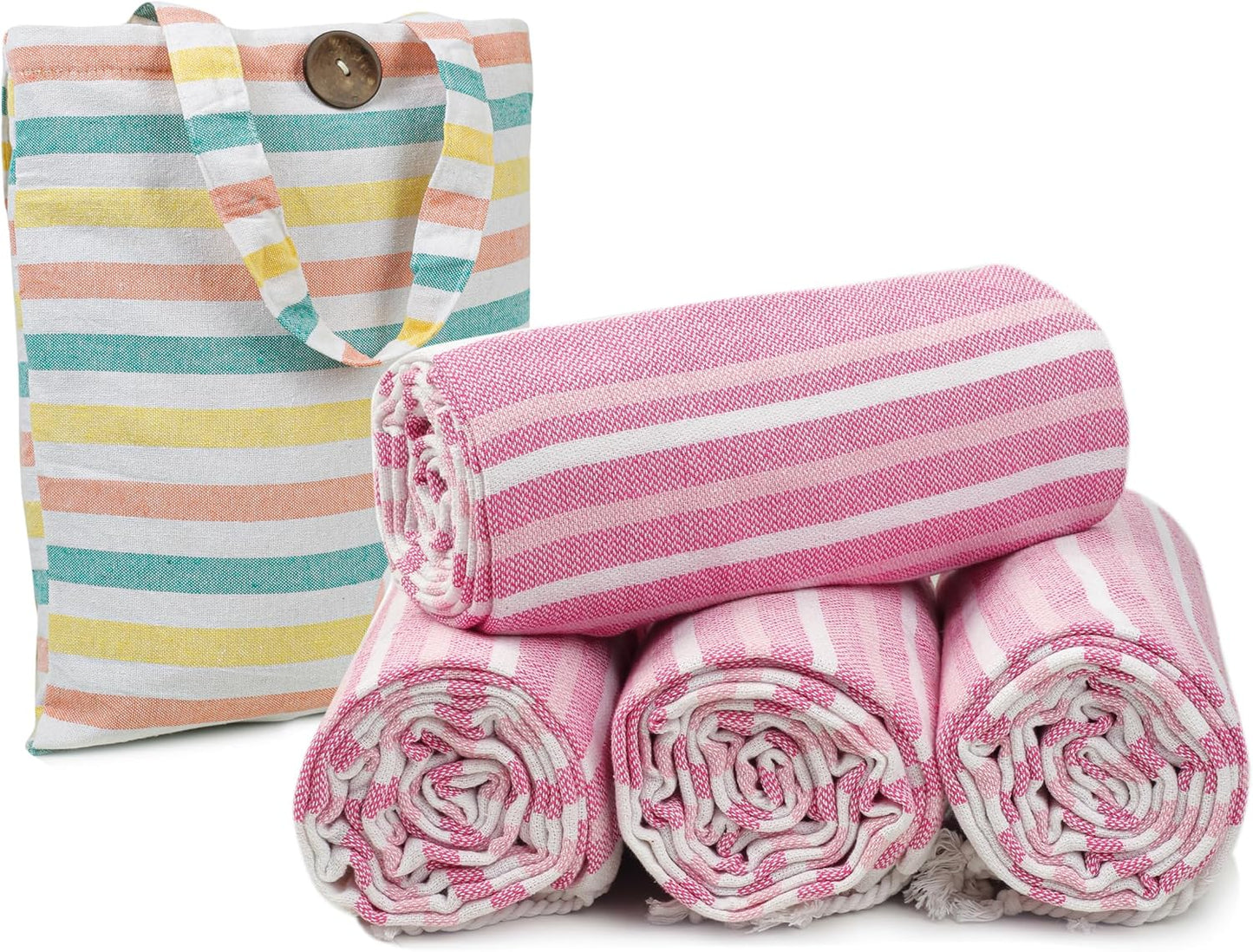 HILLFAIR Cotton Turkish Beach Towels, Quick Dry Lightweight Sand Free Peshtemal Towel for Bath Swim Yoga Spa Travel, Beach Accessories, Oversized Cotton Turkish Towels (39 x 72 inch- 4 Pack Pink)