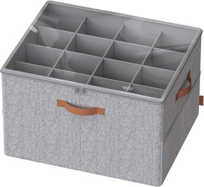 SONGMICS Shoe Organizer for Closet, Shoe Storage Bin, Fits 16 Pairs, Fabric Container with Handles and Clear Cover, Adjustable Dividers, Customizable, Dove Gray ULSP555G01
