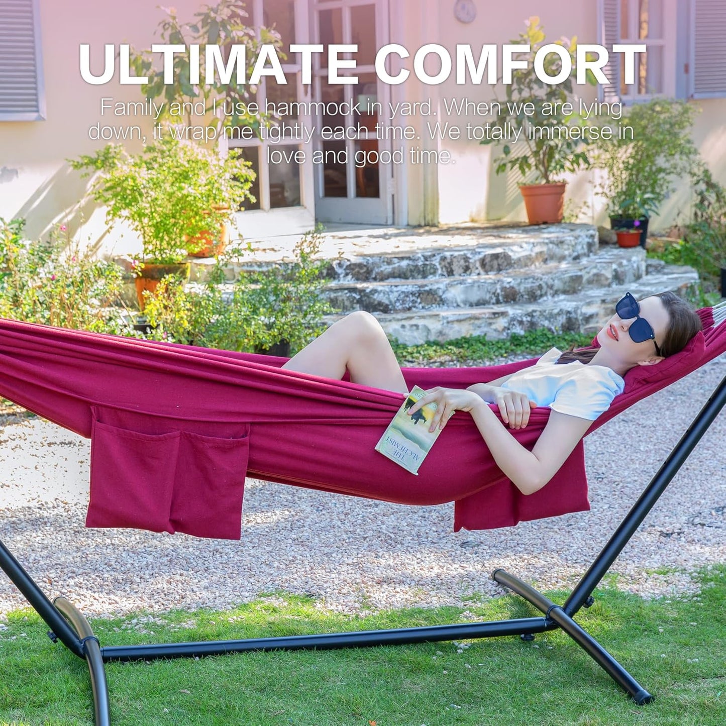 PNAEUT Double Hammocks with Stand for Outside, Portable Space Saving Heavy-Duty Steel Stand for Indoor Outdoor Patio with Carrying Bag, 450 lbs Capacity (Cherry)