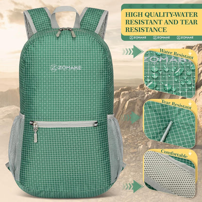 ZOMAKE Ultra Lightweight Hiking Backpack 20L - Packable Small Backpacks Water Resistant Daypack for Women Men(Forest Green Plaid)