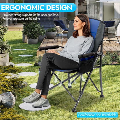 Oversized Folding Camping Chair for Adults, Supports 450 LBS Camping Chairs, Heavy Duty Camping Chair with Side Pockets, Foldable Outdoor Chair for Camping, Beach, Fishing, Hiking, Blue-Black