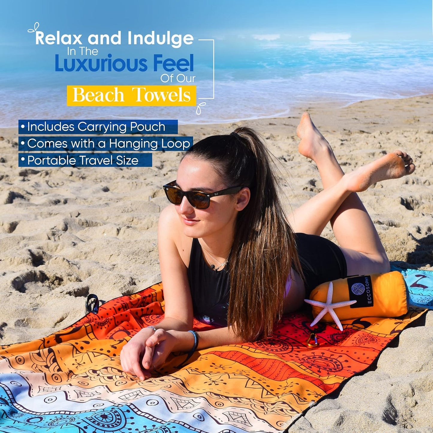 ECCOSOPHY Microfiber Beach Towel - Sand Free Towels are Quick Dry, Light Weight, Super Absorbent - Perfect Pool, Travel, Cruise, Camping Essentials - Oversized Extra Large for Adults 71x35 in