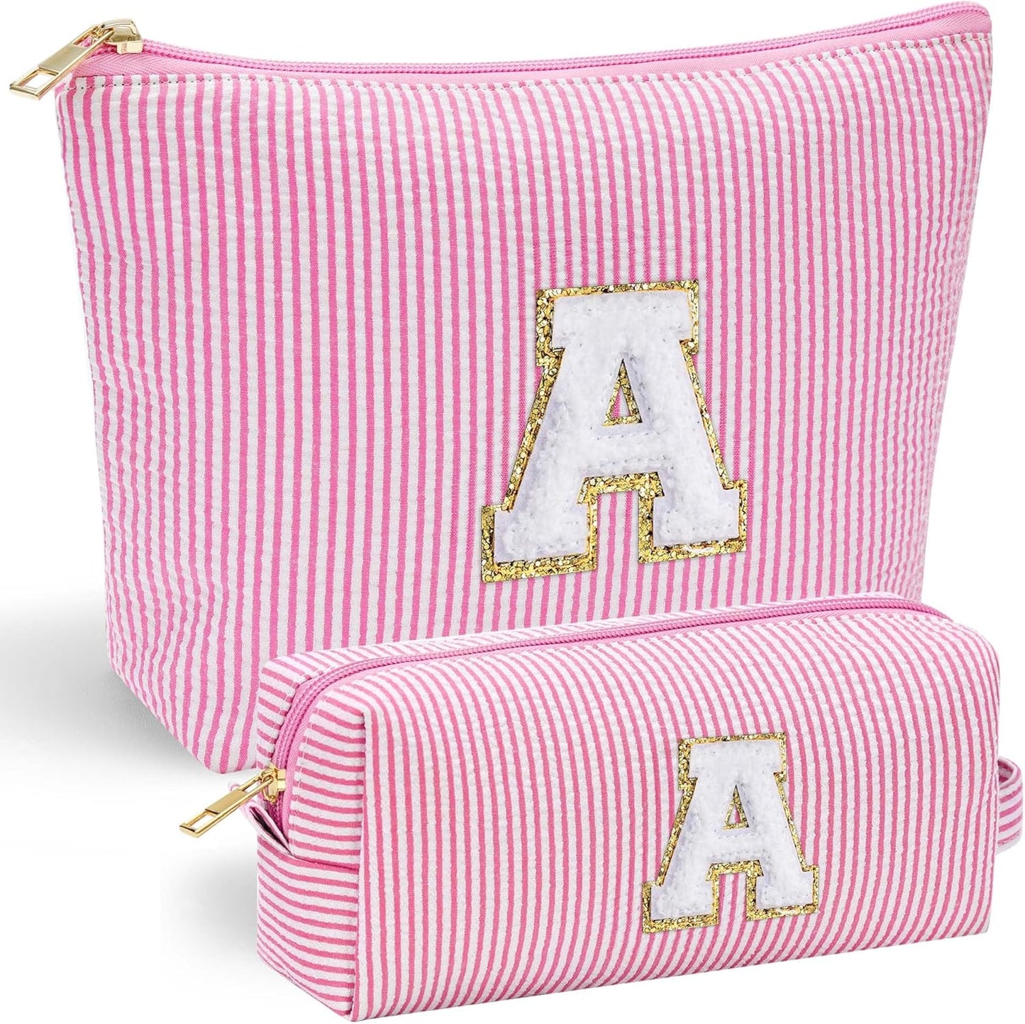 YOOLIFE Personalized Initial Makeup Bag for Women | Pink Cosmetic Travel Toiletry Bag | 11 12 13 14 15 16 Years Old Girl Gifts | Preppy Stuff Teen Girl Gift Trendy Stuff A