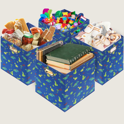 SIMPLE HOUSEWARE 13-Inch Collapsible Fabric Cube Storage Bin with Handles, Printed Design, 3 Pack, Blue