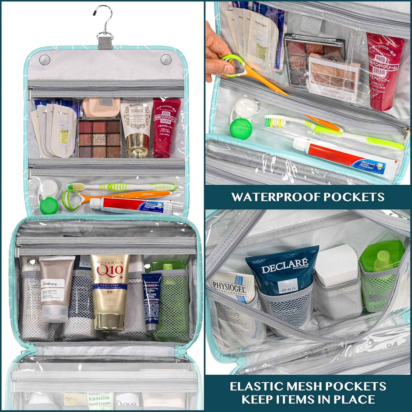 PAVILIA Hanging Toiletry Bag Women Men, Foldable Cosmetic Organizer Travel Bag, Water Resistant Makeup Bag Toiletries, Large Travel Essentials Kit (Teal Chevron)