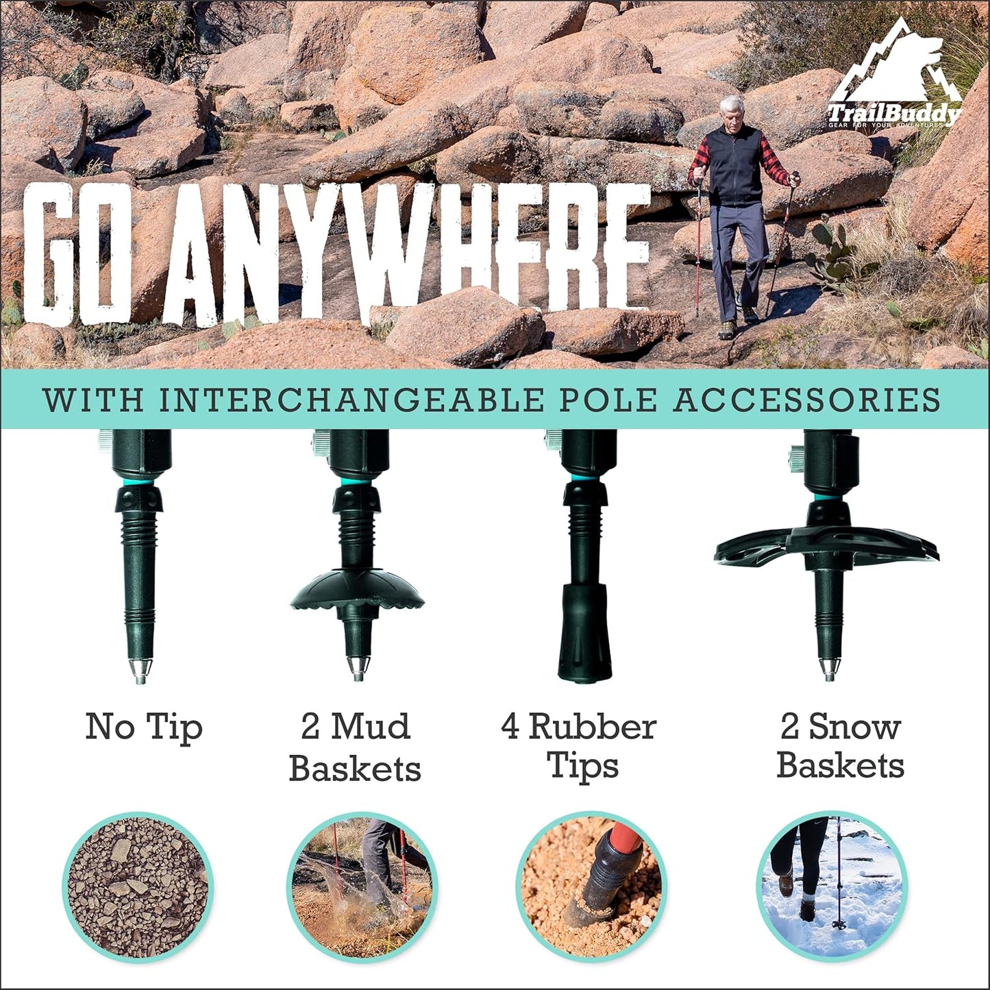 TrailBuddy Trekking Poles - Lightweight, Collapsible Hiking Poles for Snowshoe & Backpacking Gear - Pair of 2 Walking Sticks for Hiking, 7075 Aluminum with Cork Grip