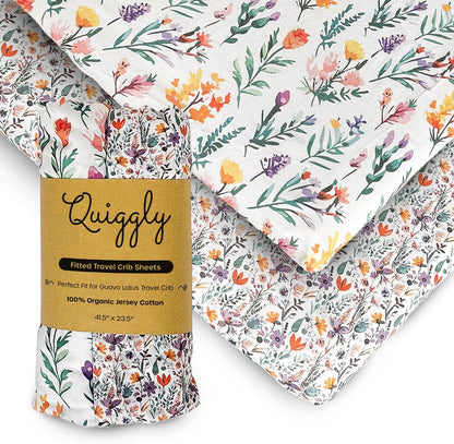 Quiggly Travel Crib Sheets for Guava Lotus, 2 Pack Organic Cotton Jersey Knit, Vibrant Floral Patterns - Fits Mattresses for Boys & Girls (Travel Crib, Wildflower Dreamin')