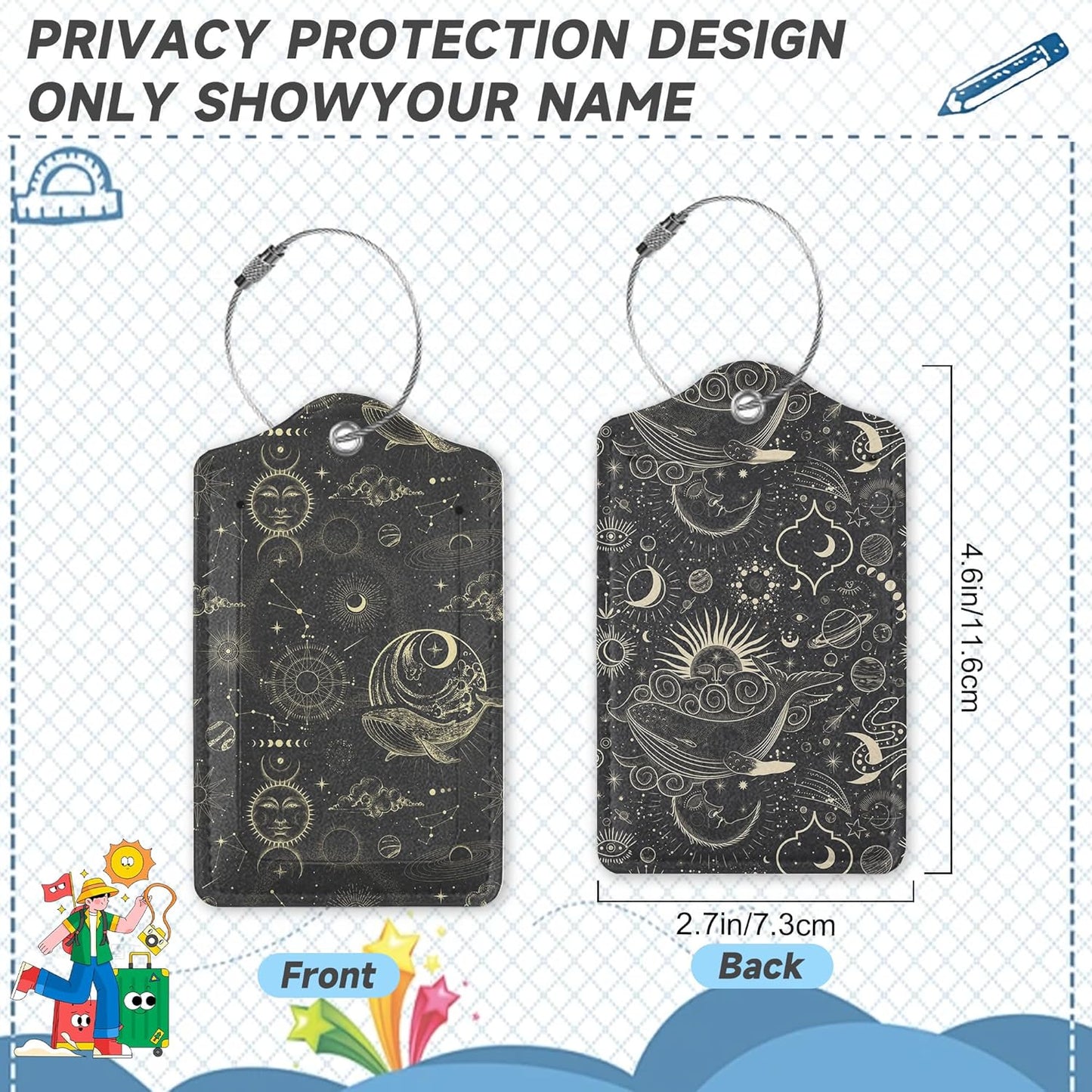 Vintage Sun Luggage Tags for Suitcases,2 Pack Stars Planets Luggage Tag,Leather Stainless Steel Loop Label Tag for Women Men Girls Travel Bag Suitcase