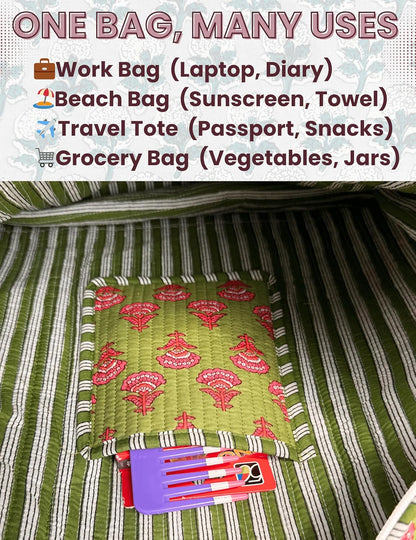 Cotton Quilted Tote Bag for Women – Large Beach & Travel Tote with Zipper, Reusable Grocery Bag