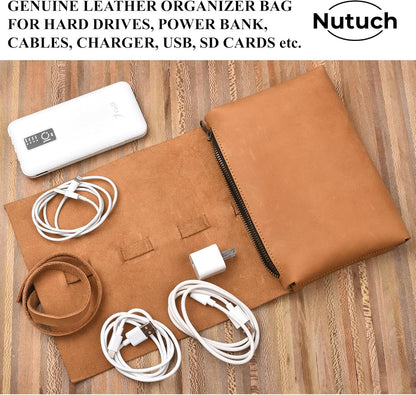 Leather Tech Pouch for Cables Chargers Phone | Tech Bag | Zipper Travel Accessory Pouch | Electronic Organizer Case Travel Bag (Tan)
