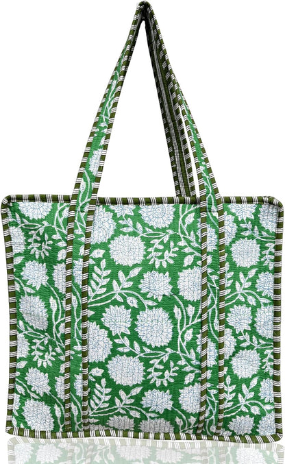 Cotton Quilted Tote Bag for Women – Large Beach & Travel Tote with Zipper, Reusable Grocery Bag