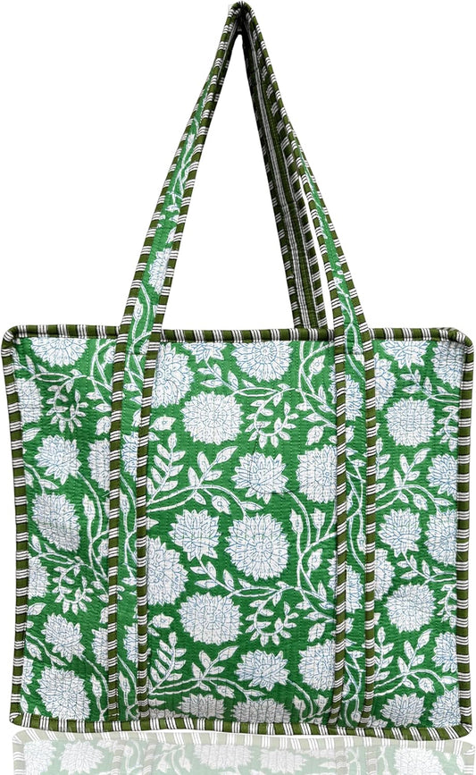 Cotton Quilted Tote Bag for Women – Large Beach & Travel Tote with Zipper, Reusable Grocery Bag