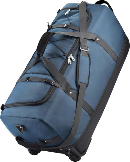 Rolling Duffle Bag with Wheels,110L/140L Expandable Soft-Sided Foldable Duffle Bag with 2 Rubber Wheels,Packable 32” Rolling Carry-On with Multi-Pockets & Compartments (Blue)