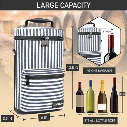 opux Wine Bag 2 Bottle Wine Tote Carrier, Insulated Wine Cooler Bag for Travel Picnic, Leakproof Portable Padded Case, Wine Gifts For Women Men Wine Lovers Christmas, Navy White Stripes