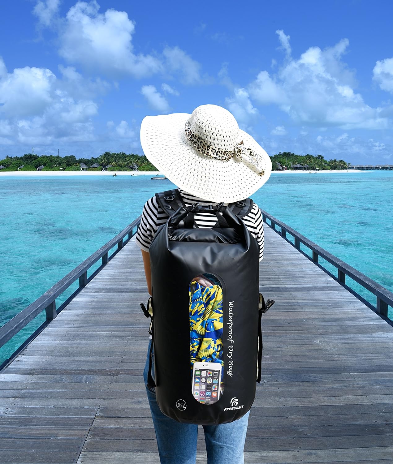 Freegrace Waterproof Dry Bags Set of 3 - Dry Bag with 2 Zip Lock Seals, Waist Pouch & Phone Case - Can Be Submerged Into Water for Swimming, Kayak, Rafting & Boating (Window, Black, 35L)