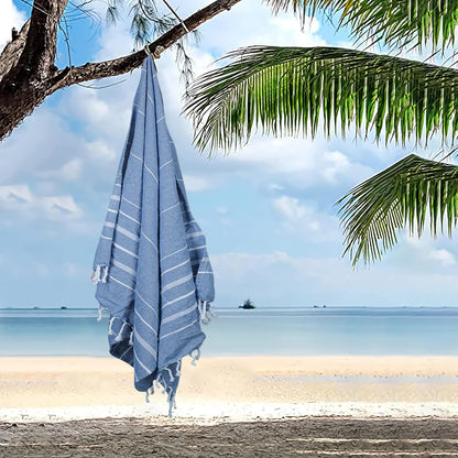 HILLFAIR Cotton Turkish Beach Towels, Quick Dry Lightweight Sand Free Peshtemal Towel for Bath Swim Yoga Spa Travel, Beach Accessories, Oversized Cotton Turkish Towels (39 x 72 inch- 4 Pack Blue)