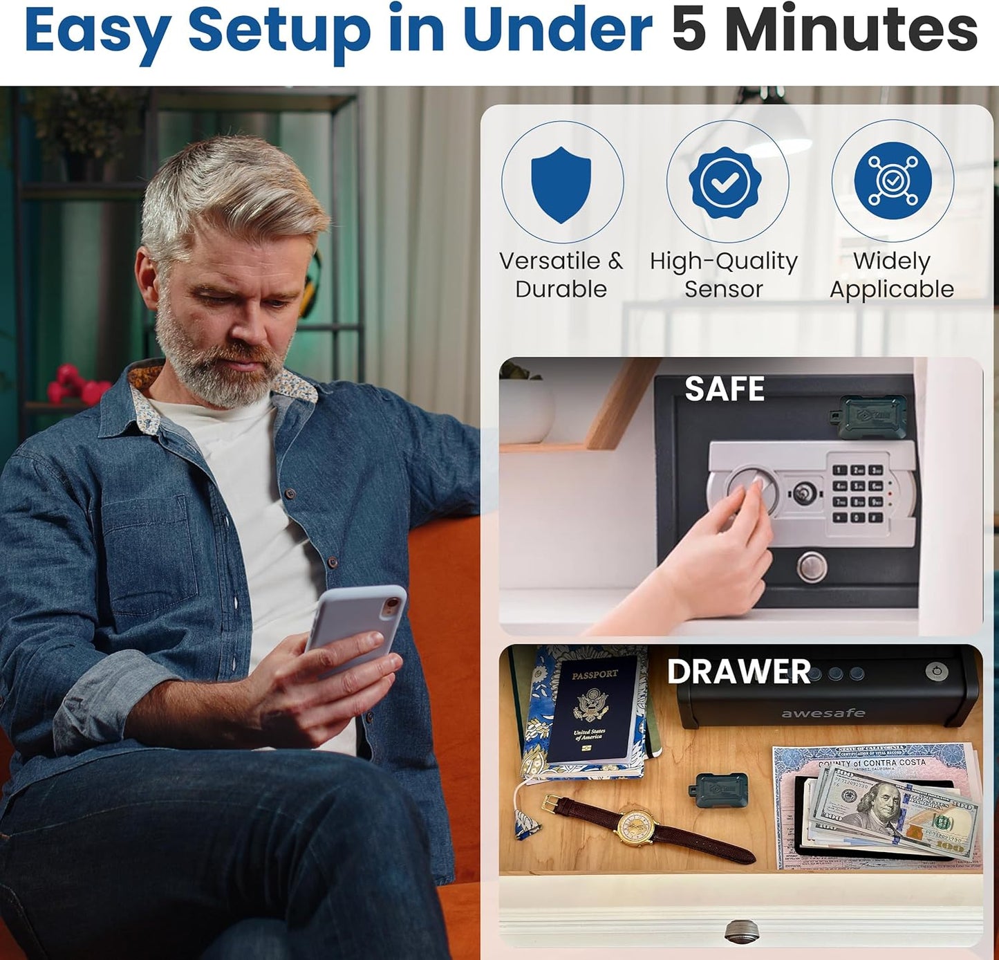 Kini SafeAlert WiFi Motion Sensor Alarm | Real-Time SMS Notification | Wireless Motion Detector for Gun Safes, Cabinets, Home, Apartments, Office | Easy Install, No Subscription, Rechargeable Battery