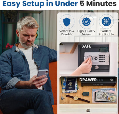 Kini SafeAlert WiFi Motion Sensor Alarm | Real-Time SMS Notification | Wireless Motion Detector for Safes, Cabinets, Home, Apartments, Office | Easy Install, No Subscription, Rechargeable Battery