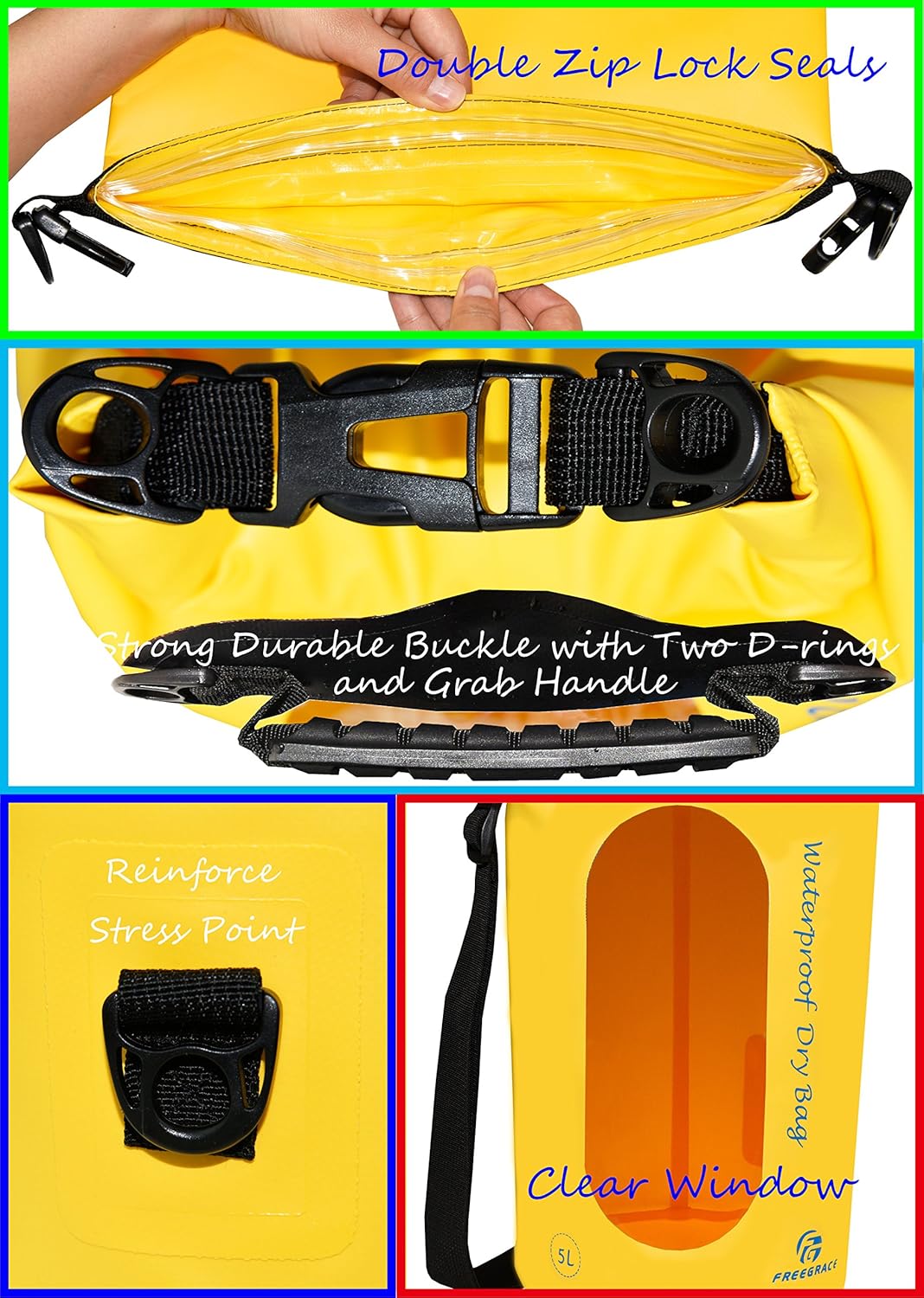 Freegrace Waterproof Dry Bags Set of 3 Dry Bag with 2 Zip Lock Seals & Detachable Shoulder Strap, Waist Pouch & Phone Case - Can Be Submerged Into Water - for Swimming (Yellow(Window), 20L)
