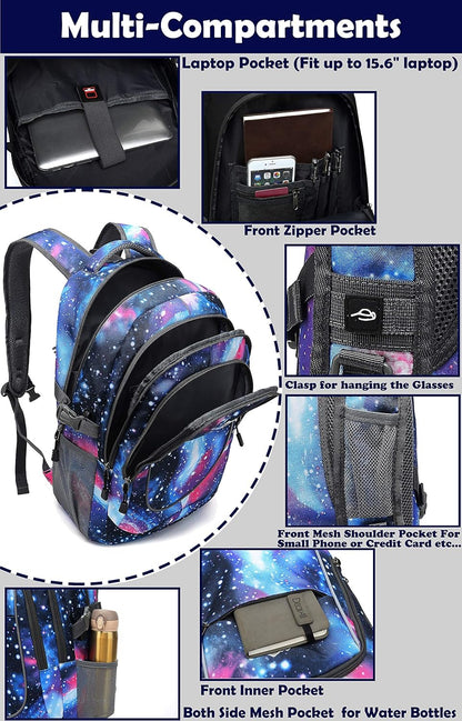 Galaxy Backpack for College Sturdy Bookbag Travel Business with USB Charging Port Laptop compartment Chest Straps Anti Theft Night Light Reflective (Galaxy)